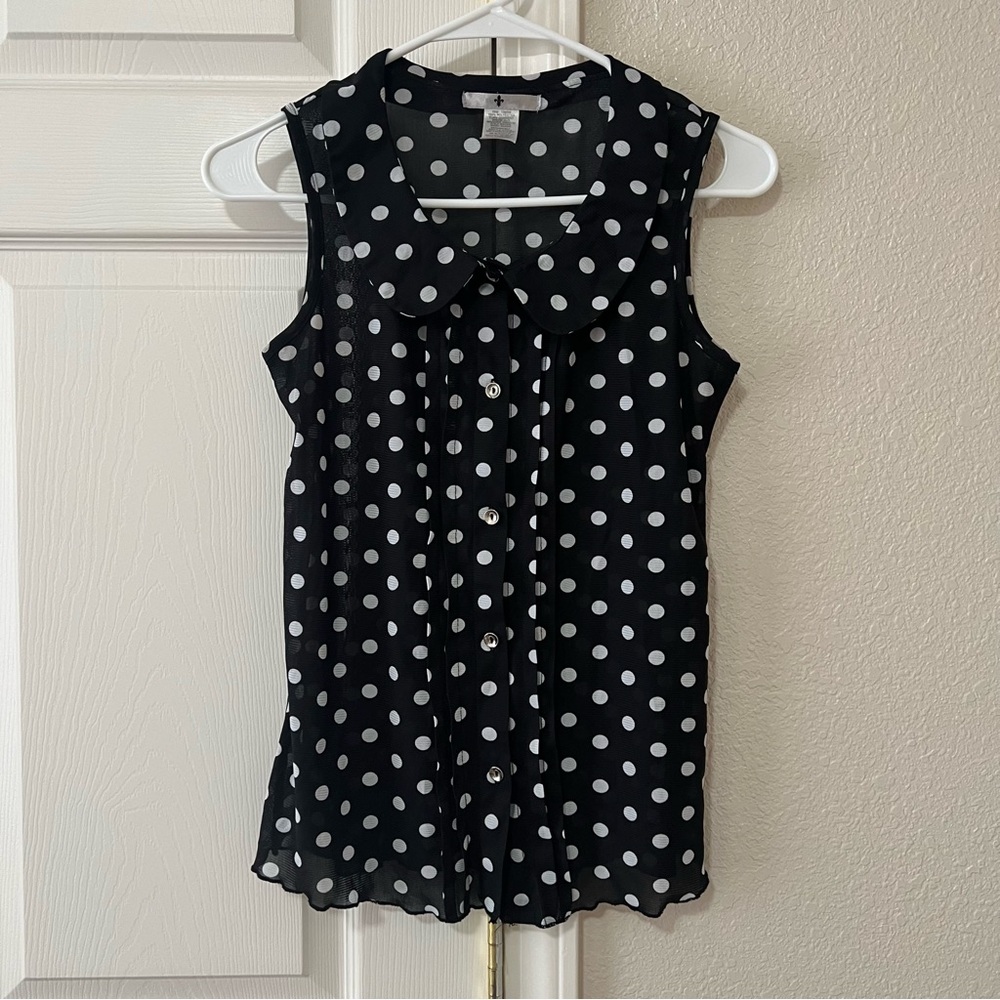 Blu Planet Sheer Black and White Polka Dot Sleeveless Blouse - Medium